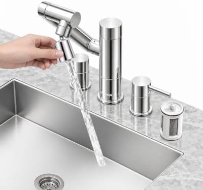 Frizzlife MF1080-X 8-Inch Widespread Bathroom Sink Faucet with Built-In Carbon Block Water Filter, NSF/ANSI 372 Certified, 3-Hole Kitchen Sink Faucet, 1080° Rotating, Stream/Spray, 304 Stainless Steel by FRIZZLIFE