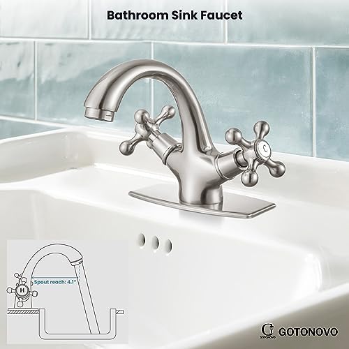 gotonovo Bathroom Sink Faucet 1 Hole Double Cross Handle, Brushed Nickel - Image 6