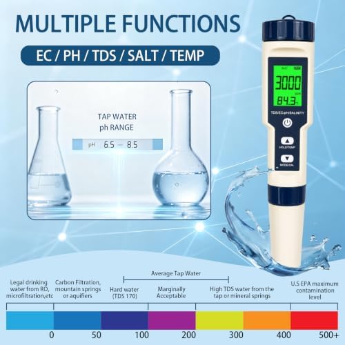 Pool Salt Tester & PH Meter, Digital Water Quality Tester for Salinity, TDS, EC and Temperature, 5-in-1 Water Test Pen with Backlit LCD for Pools, Spas, Aquariums, Hydroponics & Drinking Water - Image 3