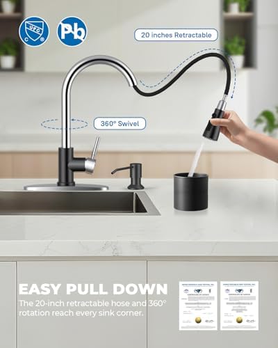 WEWE Kitchen Faucet with Soap Dispenser Set, Pull-Down, Black and Chrome - Image 3