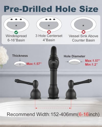 Aolemi Widespread Bathroom Sink Faucet 3 Hole Metal Lever Matte Black - Image 3