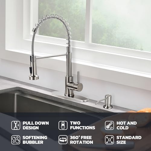 WEWE Kitchen Faucet with Soap Dispenser, Stainless Steel, Brushed Nickel - Image 2