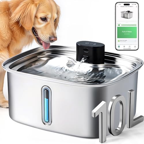 Smart Dog Water Bowl Dispenser Large, 10L/ 2.64Gal Cordless Dog Water Fountain Stainless Steel with APP Monitoring, 4000mah Automatic Cat Water Fountain for Mutil-Pets Large Dogs, 3 Fountain Modes by Vacqueen