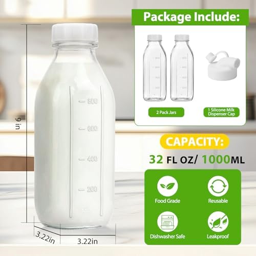 CUCUMI 2 Pack 32 Oz Glass Milk Bottle with Reusable Lid - Image 3