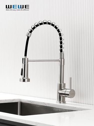 WEWE Pull-Out Kitchen Faucet, 2-Mode Sprayer, Brushed Nickel, High Arc - Image 2