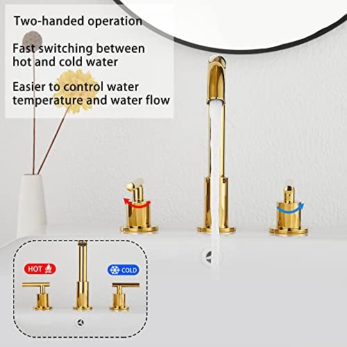 2-Handle Bathroom Faucet 3 Holes 360 Swivel Spout Gold Widespread Bathroom Sink Faucet with Pop Up Drain - Image 3