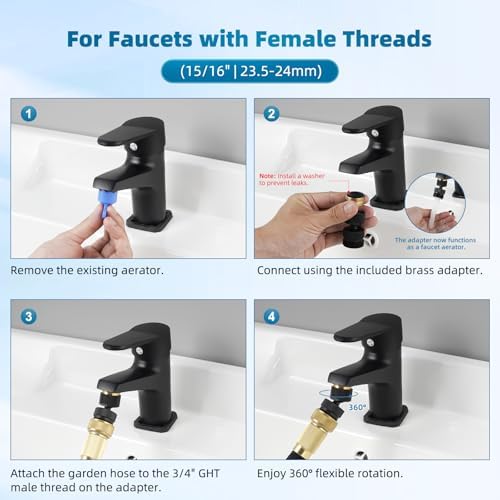 Hibbent Swivel Faucet Adapter Kit, Solid Brass 3/4" Garden Hose Connector, 360 Degree Kitchen Sink Faucet Adapter for Female & Male to Male, Matte Black - Image 4
