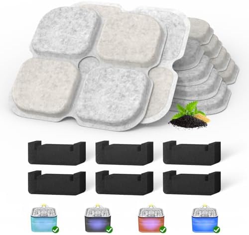 Cat Pet Water Fountain Filters, 6 Pack Replacement Filters Fit for 101oz/3L Crystal Cat Fountain, Triple Filtration System (6 Filters+6 Sponges) by BAOFUM