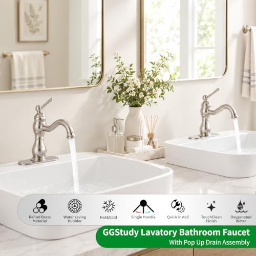 Bathroom Faucet Brushed Nickel GGStudy 360° Swivel Bathroom Vanity Faucet Single Handle One Hole Bathroom Sink Faucet Basin Matching Pop Up Drain with Overflow - Image 2