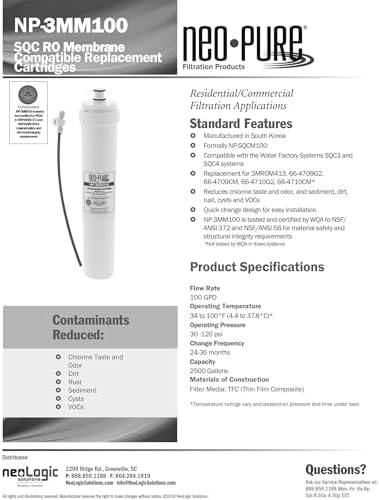 Neo-Pure NP-3MM30 SQC Compatible Membrane 30GPD Replaces the Water Factory Systems 66-4706G2 Filter Cartridge, used in the Water Factory Systems SQC3 and SQC4 RO Systems. (Compatible Membrane, 30 GPD) - Image 7