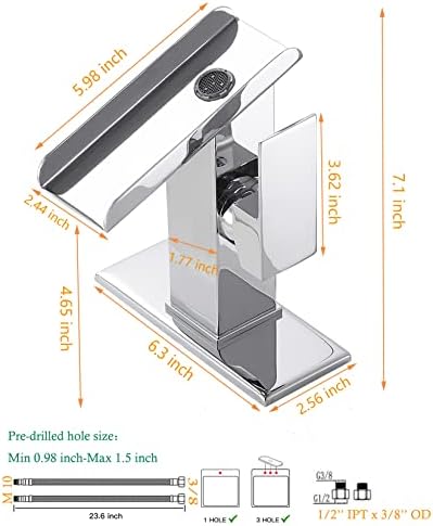 Chrome Bathroom Sink Faucet One Hole LED Waterfall Spout RGB 3 Colors Light Changing Lavatory Vanity Faucets Brass Single Handle Modern Washbasin Bath Tap Include Plates to Cover Holes Residential - Image 3
