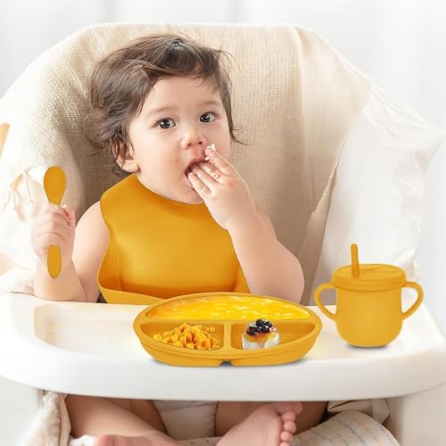 100% Silicone baby feeding set,BPA free Baby dishes set with Suction Bowl Divided Plate,Toddler Self Feeding Dish Set with Spoons Forks Sippy Cup And Bib, Baby Eating Utensils (Pumpkin) - Image 2