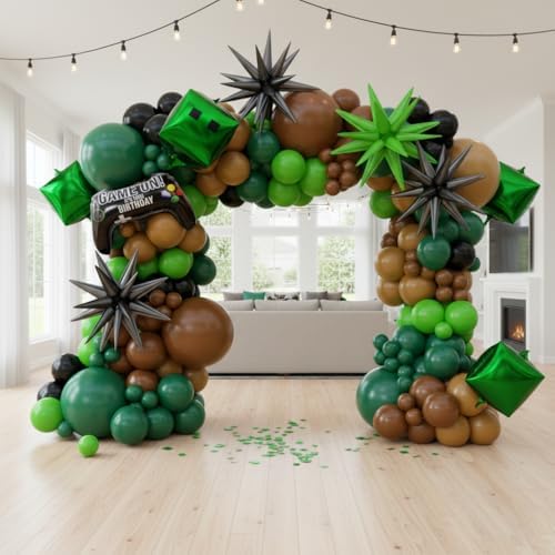 158Pcs Pixel Balloon Garland Arch Kit - Video Game Party Decorations with 18 12 10 5 Different Sizes Green Brown Black Latex Balloons for Pixel Birthday Baby Shower Boy Gaming Theme Decorations - Image 5