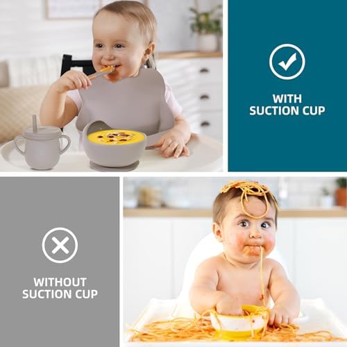 100% Silicone Baby Feeding Set, BPA Free, 9 Pcs: Suction Bowl, Divided Plate, Toddler Self Feeding Dish Set with Spoons, Forks, Sippy Cup, Bib, Beige - Image 4