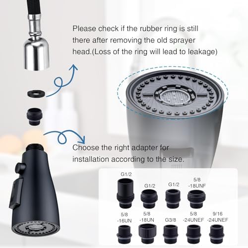 Matte Black 3‑Function Kitchen Faucet Sprayer Head, Stainless Steel Shell Pull‑Down Sink Spray Nozzle Replacement, High‑Pressure with 9 Universal Adapters & Removable Aerator - Image 6