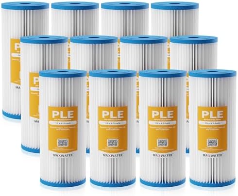 Max Water 50 Micron 10 x 4.5 Pleated Sediment Water Filter, Washable Replacement Cartridge for 10" BB Whole House Systems Compatible with R50-BBSA, FXHSC, WFHDC3001, W50PEHD, GXWH40L (12 Pack) by MaxWater