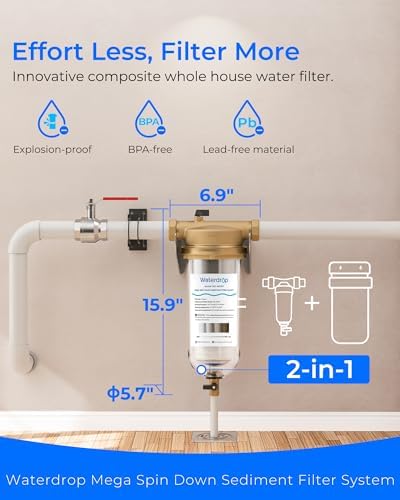 Waterdrop Mega Spin Down Sediment Filter, Reusable Whole House Water Filter System for City Water, Backwash Sediment Water Filter System, 100 Micron+5 Micron PP Filter, 1" MNPT + 3/4" FNPT, BPA Free - Image 2