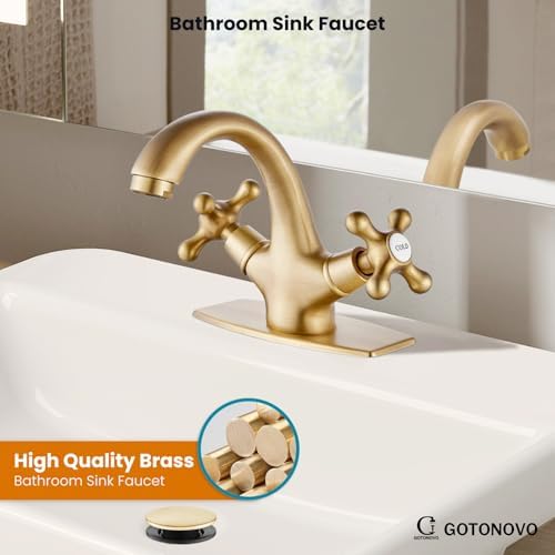 gotonovo Bathroom Sink Faucet 1 Hole Double Cross Handle, Antique Brass - Image 2