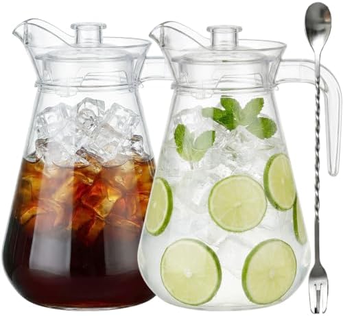 2 Pack Plastic Pitcher, 68oz Iced Tea Pitcher with Lid and Handle by Plyeip