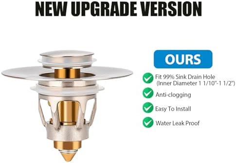 Three colors Brushed Nickel Bathroom Sink Stopper, 1.1-1.5" Bathroom Sink Drain Strainer, Universal WashBasin Pop Up Drain Stopper, Bounce Core Push Type Sink Plug, Anti-Clogging (1PCS) - Image 3