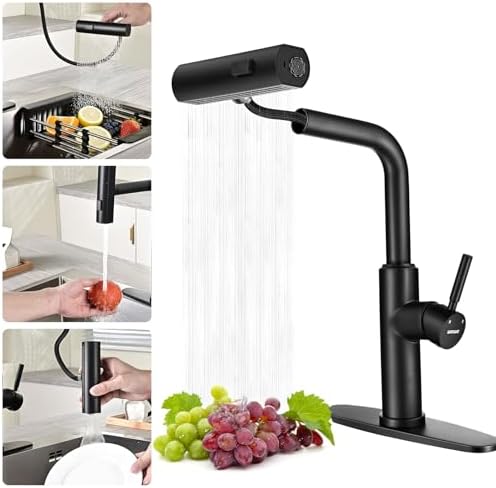 WEWE Waterfall Kitchen Faucet, Pull-Down Sprayer, Matte Black, 3-Mode by WEWE