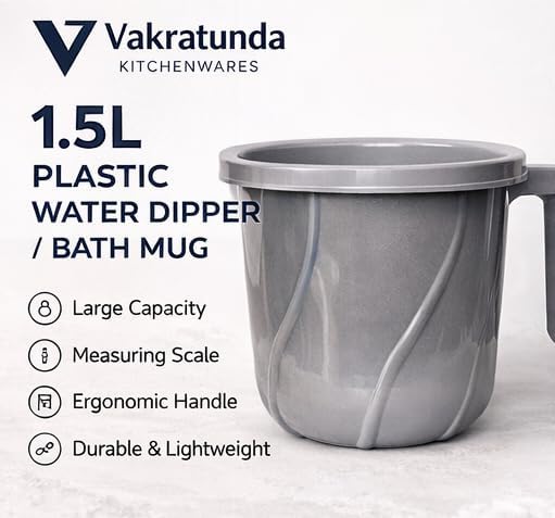 Premium BPA Free Plastic Mugs for Bathroom, Bath Mug, Stripes Design Bathing Mugs Dabba Camping Mug, 50 Ounce Capacity (1, Smoke Grey) - Image 2