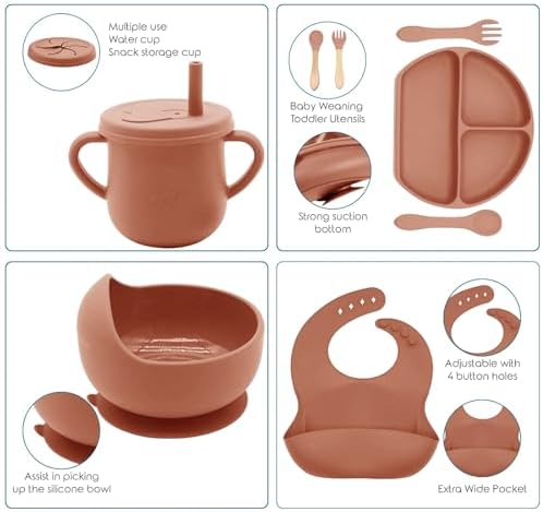 100% Silicone Baby Feeding Set, 9 Pcs: Bib, Divided Plate, Bowl, Sippy Cup, Spoons & Forks (Carrot) - Image 3