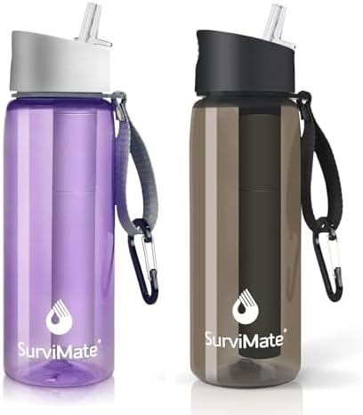 SurviMate Purified Water Bottle for Camping, Hiking, Backpacking and Travel, BPA Free with 5-Stage Intergrated Filter Straw by SurviMate