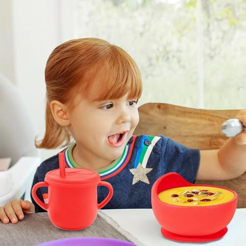 100% Silicone baby feeding set,BPA free Baby dishes set with Suction Bowl Divided Plate,Toddler Self Feeding Dish Set with Spoons Forks Sippy Cup And Bib, Baby Eating Utensils (Scarlet) - Image 7