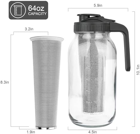 Cold Brew Coffee Maker, 64 oz Mason Jar Pitcher with Stainless Steel Filter, Pour Spout Handle Lid, Airtight & Leak-Proof for Iced Coffee,Tea & Lemonade - Image 5
