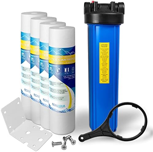 High Capacity 20 x 4.5-Inches Blue Whole House Water Filter Purifier System with Presser Relief Button, 1” Inlet/Outlet Brass Port & Yearly Supply (4) Polypropylene Sediment Cartridges 5 Micron by Ronaqua