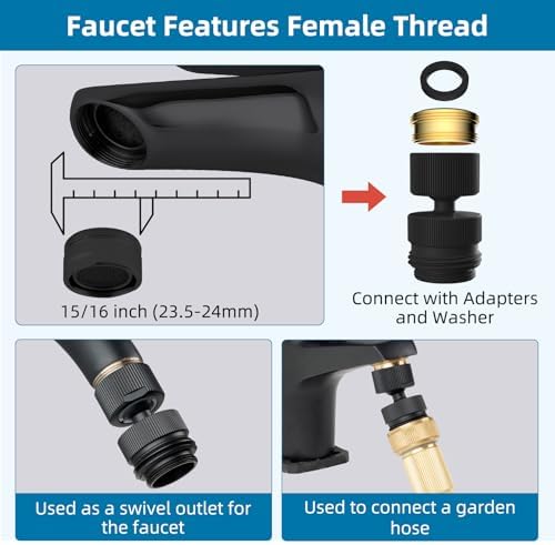 Hibbent Sink Faucet to Garden Hose Adapter, 360-Degree Swivel 55/64 Inch Female Thread, Sink Hose Attachment for Faucet Adapter Connector, Matte Black - Image 4