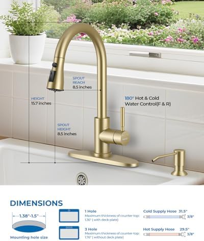 WEWE Kitchen Faucet with Soap Dispenser Set, Pull-Down Sprayer, Gold - Image 2