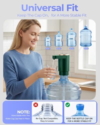 Water Jug Pump for 5 Gallon Bottle – Portable Electric USB-C Charging Dispenser, Dual Powerful Motors, Fast Flow, Fits 2-5 Gallon Jugs – Ideal for Home, Office, Camping, RV, Dark Green - Image 5