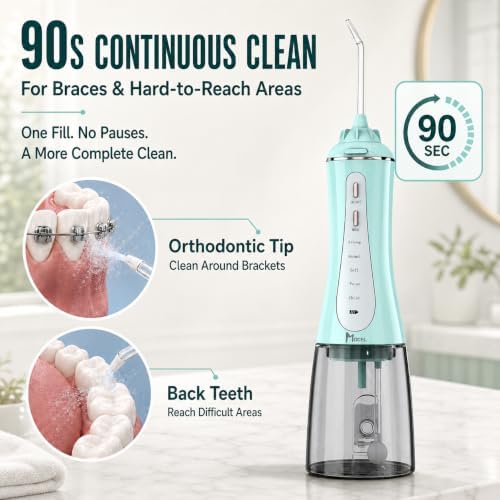 MOCEL Water Dental Flosser for Teeth - 350ML Large Tank 5 Modes & 6 Tips Cordless, Oral Irrigator Waterproof, Portable Teeth Cleaning and Flossing with Effective Plaque Remover for Adults (Green) - Image 2