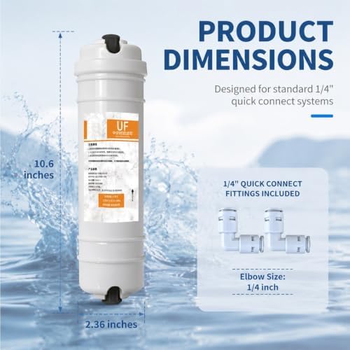 1‑Pack 10‑Inch Quick‑Connect UF Ultrafiltration Membrane Filter Cartridge, 0.01‑Micron Hollow Fiber Pre‑Filter with 1/4" Push‑Fit Fittings & Elbow Adapter for RO Systems - Image 2