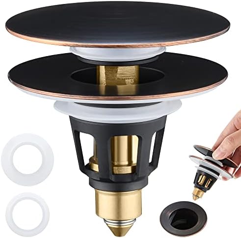 Universal 3-in-1 Bathroom Sink Stopper - Pop Up Sink Drain Stopper, Push Button Sink Drain Stopper Replacement, Wash Basin Drain Filter Plug with Anti-Clogging Strainer, Oil Rubbed Bronze by PerPaiMe