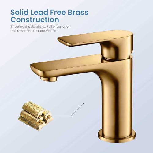 KIBI Tender Brushed Gold Bathroom Sink Faucet with Pop-Up Drain | Single Handle Solid Brass High Arc Spout | Smooth Water Flow and Corrosion-Resistant (Brushed Gold W/Pop Up Drain) - Image 5