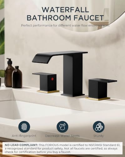 FORIOUS Bathroom Faucet 3 Hole,8 Inch Widespread Sink Faucet Black and Gold - Image 5