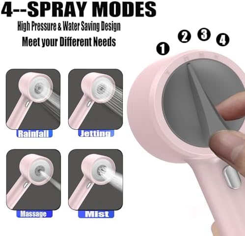 High Pressure Shower Head with Handheld, with Pause Switch 4 Spray Modes Water Saving Showerhead,Showerhead Set with Hose, Bracket and Cotton Filter, (pink) - Image 2