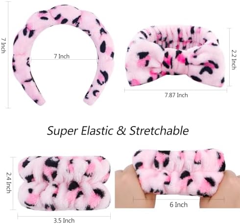 VELSCRUN 6 Pack Spa Headband, Makeup Headband, Face Wash Headbands, Skincare Headbands, Pink Leopard Sponge Hair Band Bow Tie Spa Head Band for Washing Face Wristband Set Hair Accessories for Women - Image 6