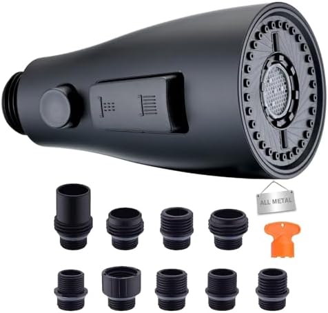 Matte Black 3‑Function Kitchen Faucet Sprayer Head, Stainless Steel Shell Pull‑Down Sink Spray Nozzle Replacement, High‑Pressure with 9 Universal Adapters & Removable Aerator by SonTiy