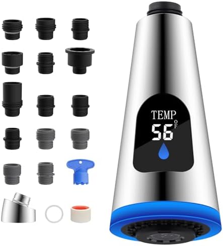 LED Kitchen Faucet Head, Temperature Display, 4-Mode Spray, Silver Chrome by Greatcomfortathome