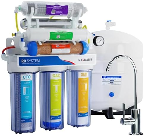 Max Water 12-Stage Premium 50 GPD RODI (Reverse Osmosis Deionization) System with UV, pH Alkaline, Multi-Mineral Infrared – Dual Outlet Under-Sink Water Filter for Drinking & Aquarium System by MaxWater