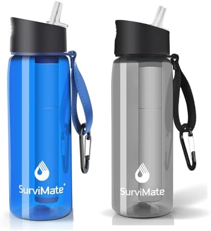 SurviMate Purified Water Bottle for Camping, Hiking, Backpacking and Travel, BPA Free with 5-Stage Intergrated Filter Straw by SurviMate