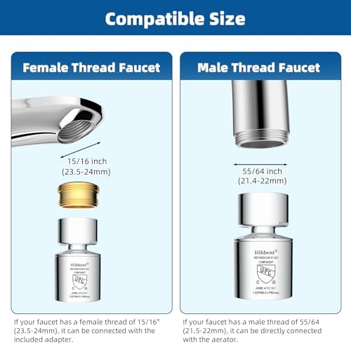 Hibbent NSF/ANSI/CAN 61 Certified Faucet Aerator, CUPC Certification 360° Swivel Kitchen Sink Aerator, Dual-function Sprayer Faucet Head, Faucet Replacement Part 55/64 Inch Female Thread - Chrome - Image 6