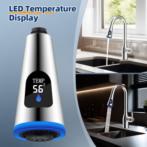 LED Kitchen Faucet Head, Temperature Display, 4-Mode Spray, Silver Chrome - Image 5