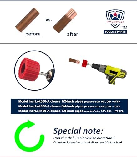 1/2-Inch[3PC] Copper Pipe Cleaner for Power Drill, Model InerLok050-A [1/2” Tube Cleaning Brush & 2 Brushing Pieces] Cleans Copper Pipes for Soldering, w/ Stainless-Steel Wire Bristles & 1/4” Shank - Image 4