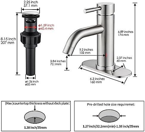 Single Hole Bathroom Sink Faucet Brushed Nicke, Modern Single Handle Bathroom Faucet Commercial Stainless Steel Basin Faucet with Drain - Image 5