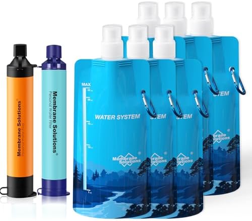 Membrane Solutions Squeezable Water Filtration System, Survival Water Purifier Kit, Portable Backpacking Gear Including Water Filter Straw and 23oz Collapsible Bottle for Hiking Camping Travel(2+6) by MembraneSolutions